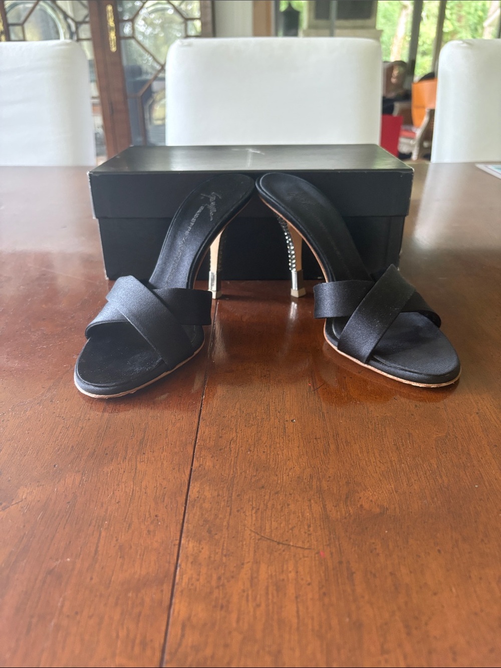 Giuseppe Zanotti Black Satin Crisscross Slide Sandals with Crystal Heel